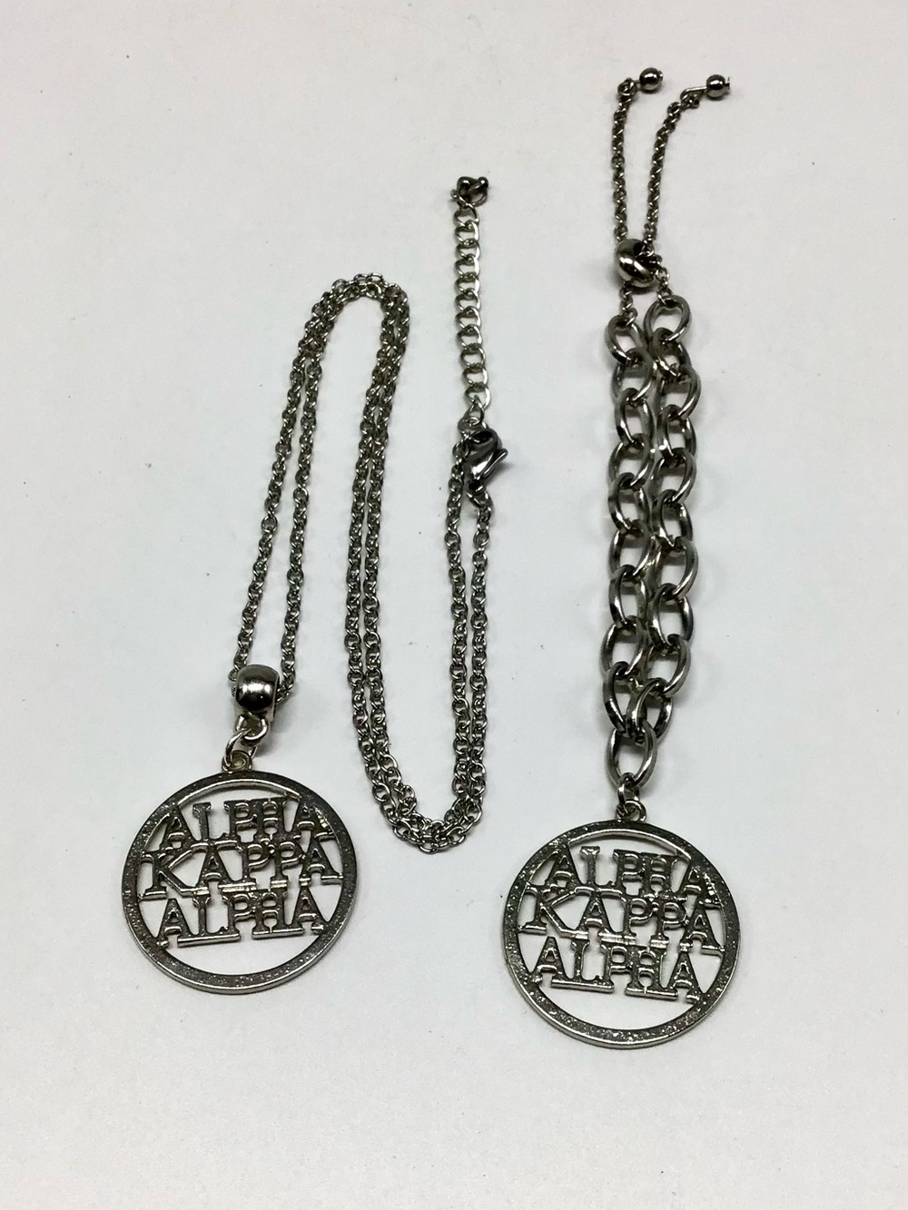 Hand Crafted Silver Alpha Kappa Alpha Pendant Necklace and Bracelet Set